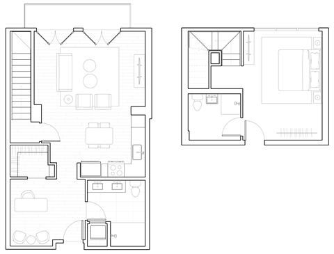 Floor plan for 1 bed, 2 baths, 1075 sqft